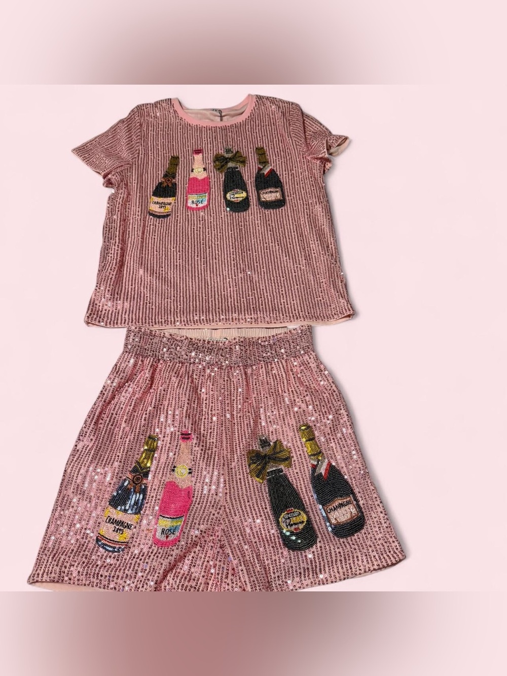 Sequin Pink Champagne Appliqué Pajama Set - Women